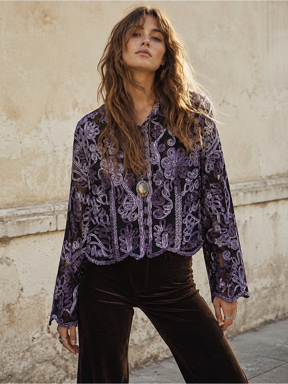 Phase Eight Y2K Sheer Embroidered Mesh Boho Top Purple Black Medium